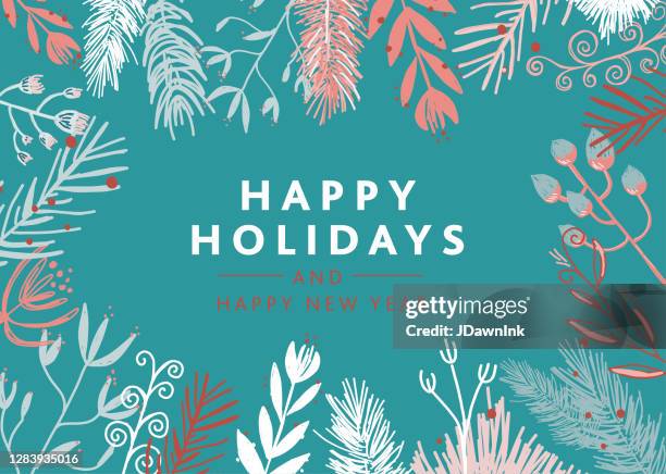 christmas greeting card design with garland branches happy holidays type design - christmas sketch stock illustrations