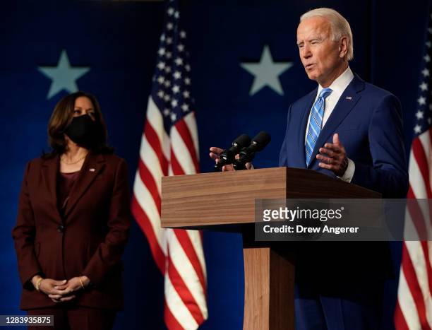 Democratic presidential nominee Joe Biden, joined by vice presidential nominee Kamala Harris , speaks one day after America voted in the presidential...