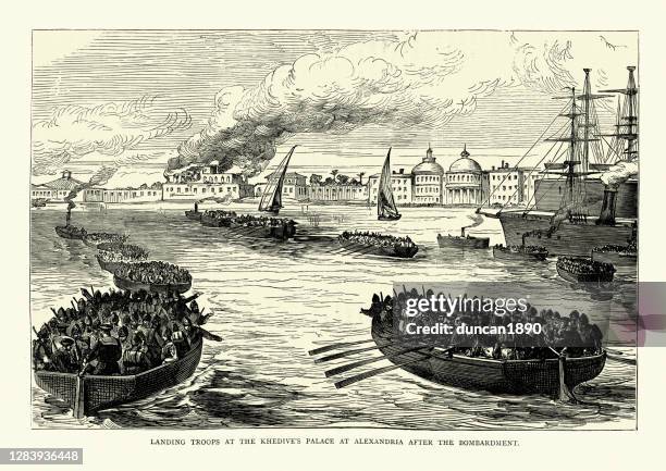 british troops landing at alexandria, anglo-egyptian war, 1882 - amphibious vehicle stock illustrations