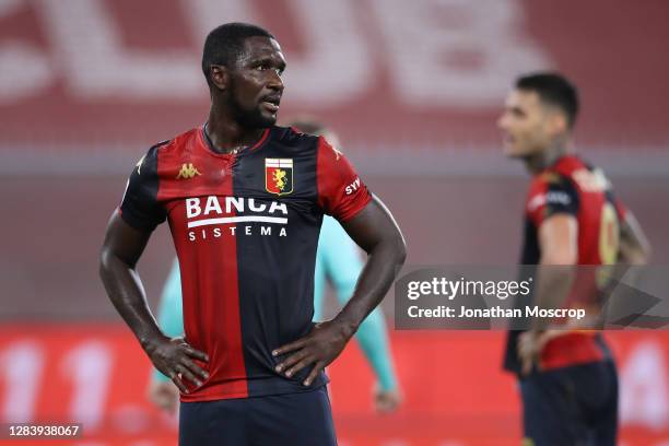 Cristian Zapata and Gianluca Scamacca of Genoa CFC react after the final whistle of the Serie A match between Genoa CFC and Torino FC at Stadio Luigi...