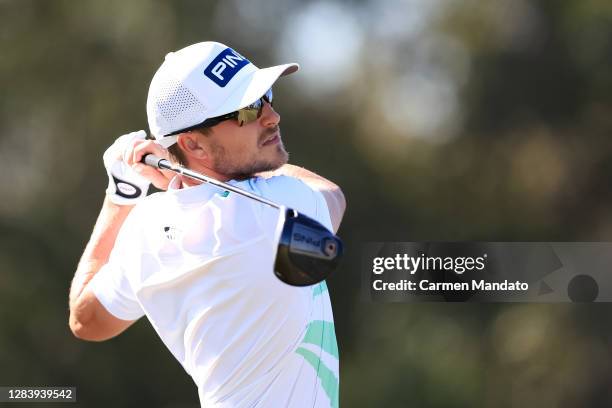 Austin Cook plays a shot from the third tee ahead of the Houston Open at Memorial Park Golf Course on November 04, 2020 in Houston, Texas.