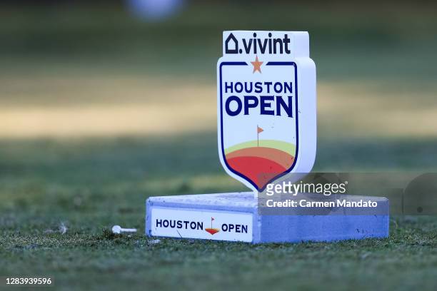 Tee box sign is seen ahead of the Houston Open at Memorial Park Golf Course on November 04, 2020 in Houston, Texas.