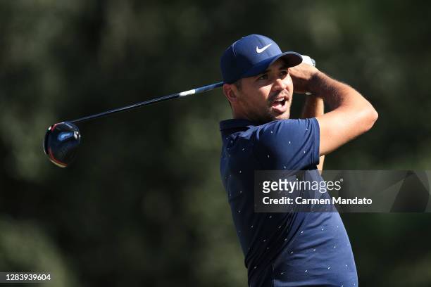 Jason Day of Australia plays a shot off the tee on the first hole ahead of the Houston Open at Memorial Park Golf Course on November 04, 2020 in...
