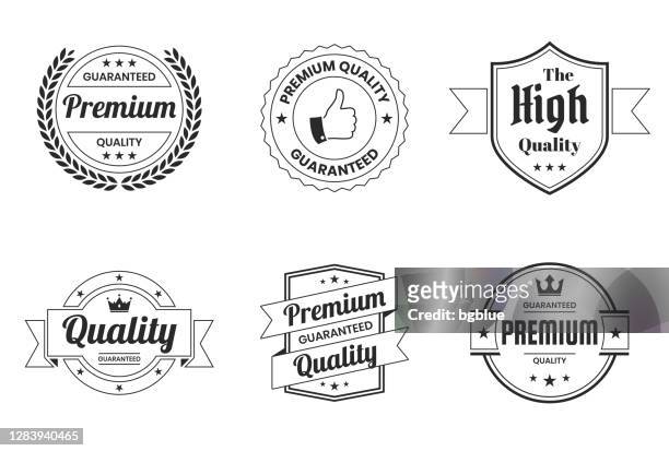 set of "quality" badges and labels (outline, line art) - design elements - trophy logo stock illustrations