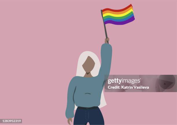 black young woman raising the rainbow flag - lgbtqi people stock illustrations