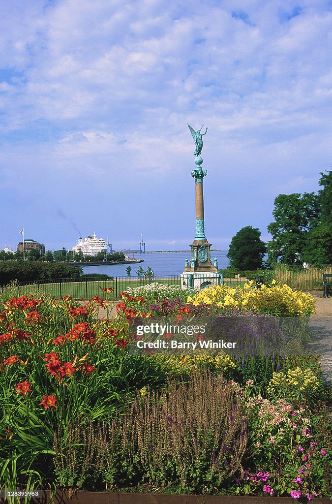 Denmark, Copenhagen, Floral displays and statue