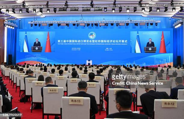 Uzbek President Shavkat Mirziyoyev delivers a speech via video at the opening ceremony of the 3rd China International Import Expo on November 4, 2020...