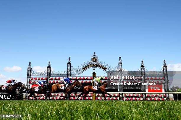 Kerrin McEvoy riding Tralee Rose wins race one the Tcl Tv Stakes from Jamie Kah riding Tragic and Jye McNeil riding Ocean's Thirteen during 2020...