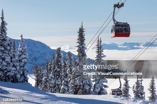 Peak 2 peak gondola in Whistler Blackcomb ski resort in winter.