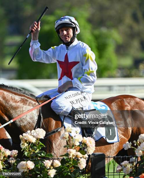 Jockey William Pike returns to scale riding Written Beauty to win Race 9, the Network 10 Red Roses Stakes, during 2020 Kennedy Oaks Day at Flemington...