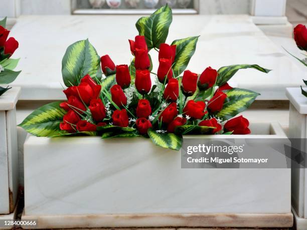 red flowers for the cemetery - funeral flowers stockfoto's en -beelden