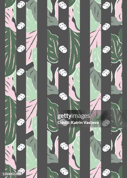 jungle philodendron fresh stripes seamless pattern dark grey background - candy wrapper stock illustrations