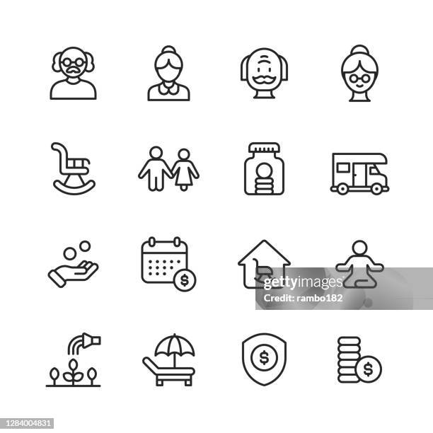 retirement line icons. editable stroke. pixel perfect. for mobile and web. contains such icons as senior, couple, rocking chair, savings, investment, holiday, retirement home,  gardening, insurance, budget, piggy bank, finance, nest egg. - retirement icon stock illustrations
