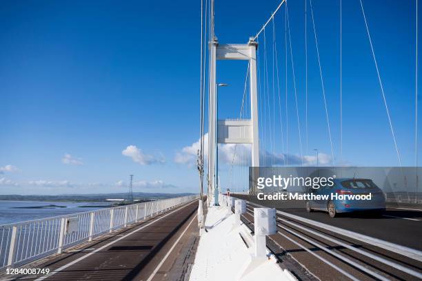 Cars cross the Severn Bridge which connects Wales and England via the M48 on November 4, 2020 in Bristol, England. Wales is currently in a...