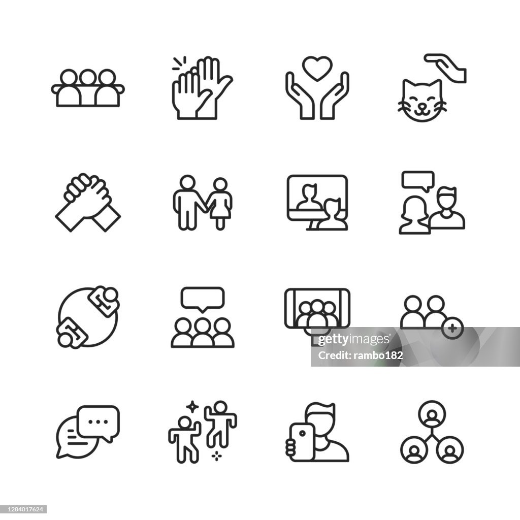 De Pictogrammen van de Lijn van de vriendschap. Bewerkbare lijn. Pixel Perfect. Voor mobiel en web. Bevat pictogrammen zoals Vriend, Partij, Handdruk, Uitnodiging, Wenskaart, Bonding, Geestelijke Gezondheid, Hoge Vijf, VideoVraag, Huisdier, Paar, Verhoudin