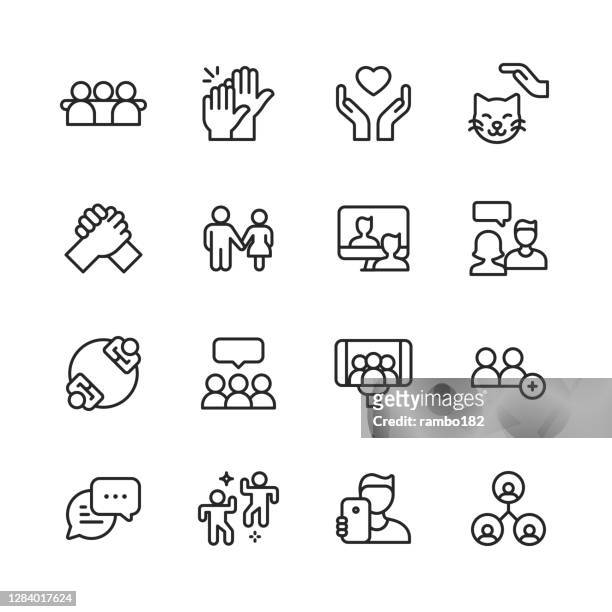 friendship line icons. editable stroke. pixel perfect. for mobile and web. contains such icons as friend, party, handshake, invitation, greeting card, bonding, mental health, high five, video call, pet, couple, relationship, selfie, love, fist bump. - friendship stock illustrations