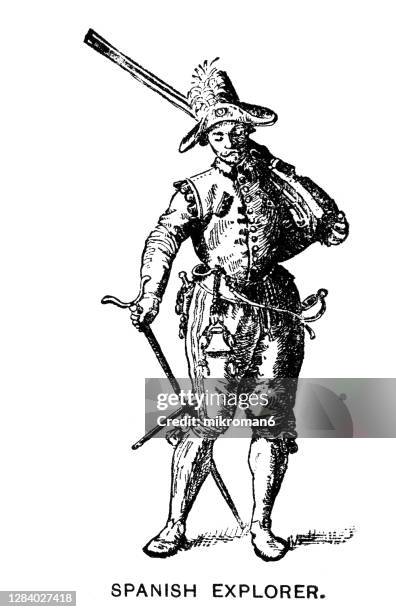old engraved illustration of spanish explorer - how to draw a soldier photos et images de collection