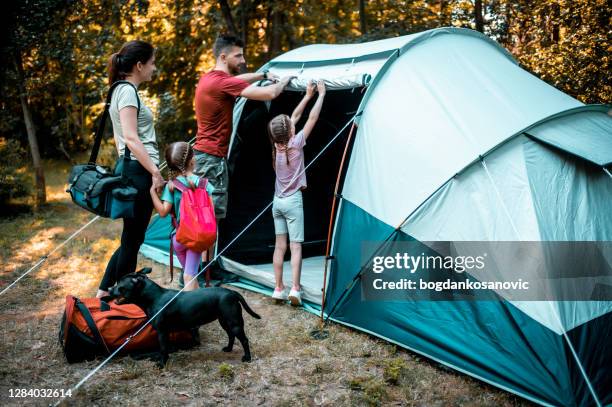 family camping - four people stock pictures, royalty-free photos & images