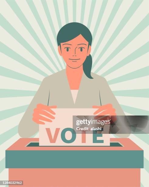 smiling beautiful young woman (voter, girl) casting a vote into the ballot box at the polling place during elections - voting booth stock illustrations