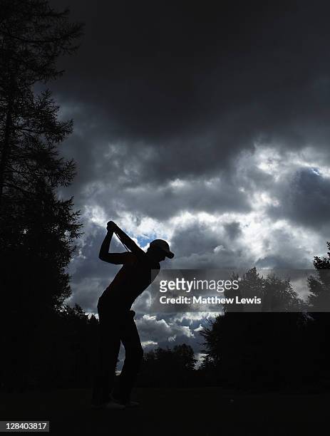 Martin Edge of Hesketh Golf Club tees off on the 18th hole during the final day of the Skins PGA Fourball Championships at Forest Pines Hotel and...