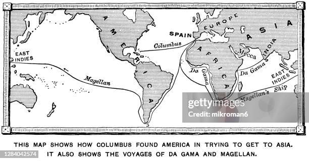 old engraved map show how columbus discovered america - vasco da gama stock-fotos und bilder