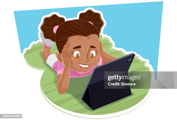 child reading and studying with book, notebook or tablet - child tablet computer stock illustrations