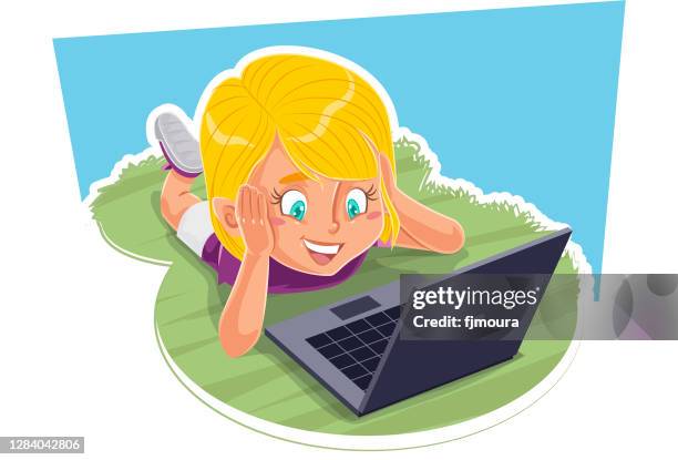 child reading and studying with book, notebook or tablet - kid homework computer stock illustrations