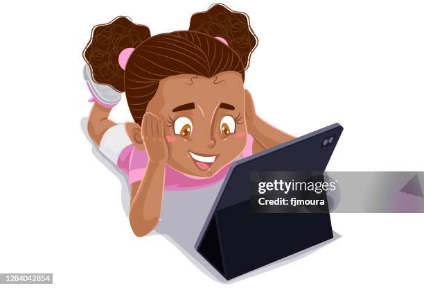 child reading and studying with book, notebook or tablet - kid homework computer stock illustrations