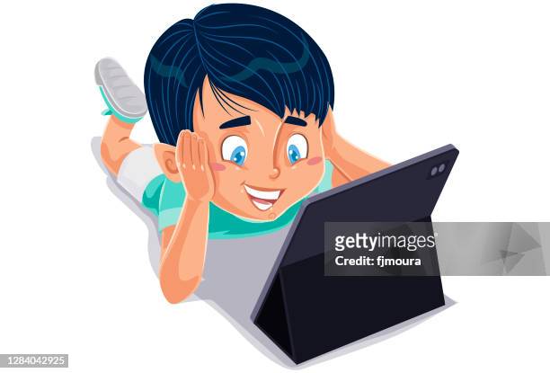 child reading and studying with book, notebook or tablet - children playing video games on sofa stock illustrations