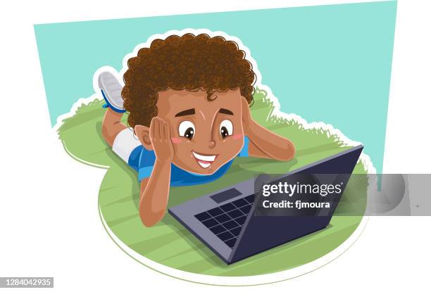 child reading and studying with book, notebook or tablet - kid homework computer stock illustrations