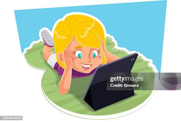 child reading and studying with book, notebook or tablet - kid homework computer stock illustrations