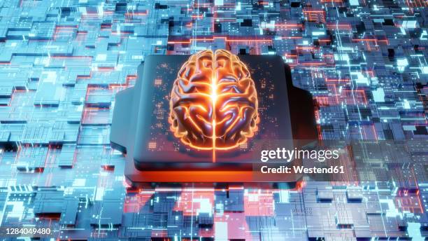 illustrazioni stock, clip art, cartoni animati e icone di tendenza di illustration of three dimensional human brain on circuit board - deep learning