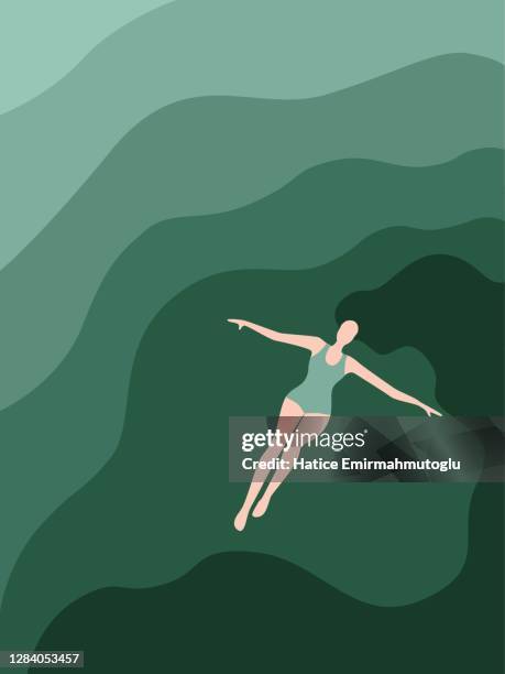 frau liegt auf ozean oberfläche flache design-illustration - sea swimming stock-grafiken, -clipart, -cartoons und -symbole