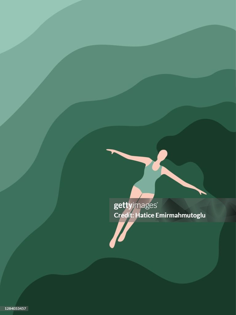 Woman lying down on ocean surface flat design illustration