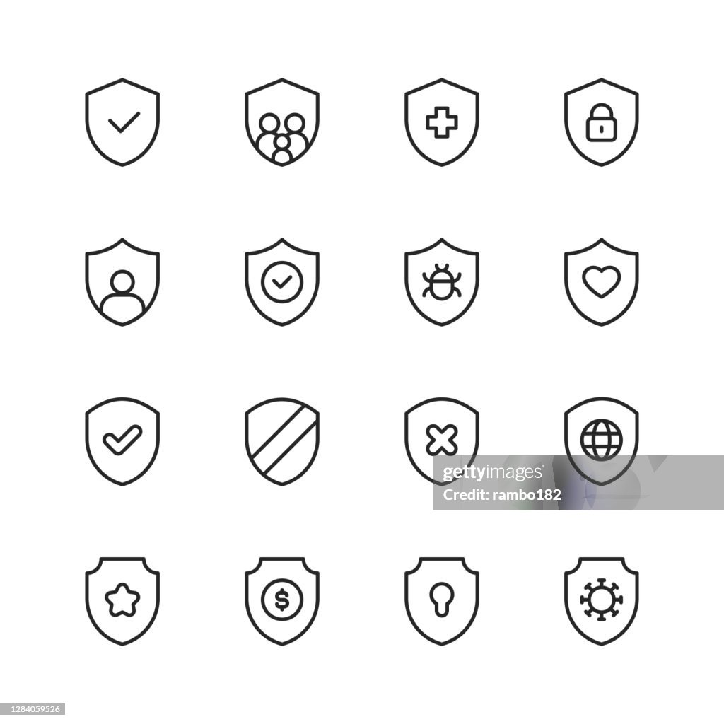 Icônes de ligne de bouclier. Course modifiable. Pixel Parfait. Pour mobile et Web. Contient des icônes telles que Badge, Award, Armoiries, Insignia, Privacy, Royalty, Military, Armour, Insurance, Hospital, Healthcare, Coronavirus, Vaccine, Family, Saving