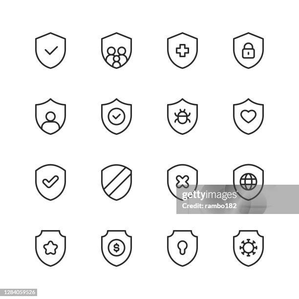 ilustrações de stock, clip art, desenhos animados e ícones de shield line icons. editable stroke. pixel perfect. for mobile and web. contains such icons as badge, award, coat of arms, insignia, privacy, royalty, military, armour, insurance, hospital, healthcare, coronavirus, vaccine, family, savings, bug. - infection prevention