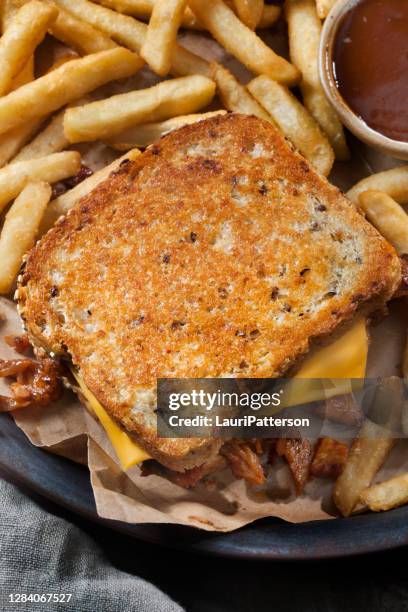 pulled pork grilled cheese sandwich with fries - cheddar cheese stock pictures, royalty-free photos & images