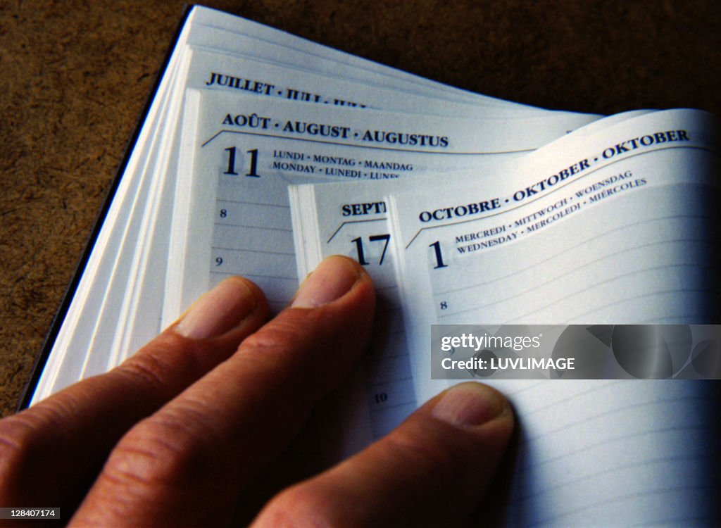 Hand holding open Diary