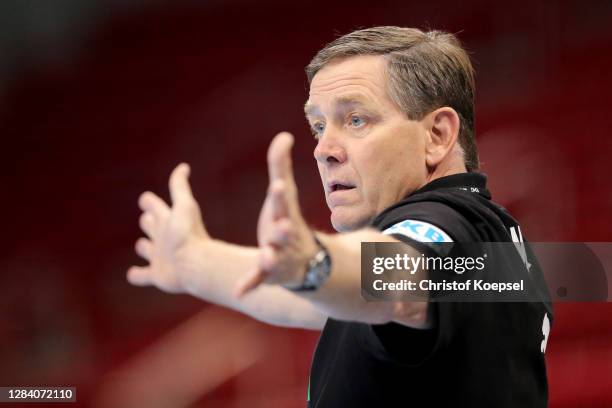 Head coach Alfred Gislason of Germany reacts during the EHF EURO 2022 qualifier match between Germany v Bosnia and Herzegovina at ISS Dome on...