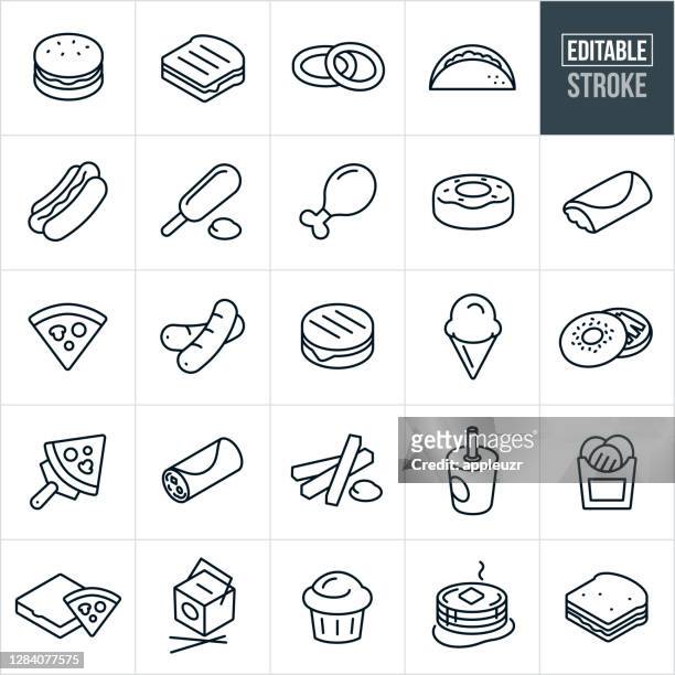 ilustraciones, imágenes clip art, dibujos animados e iconos de stock de iconos de línea fina de comida rápida - trazo editable - comida rapida