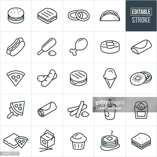 fast food thin line icons - editable stroke - breakfast burrito with potatoes stock illustrations