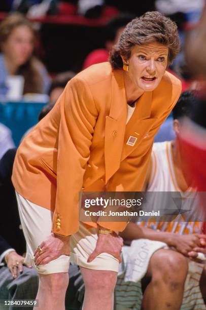 Pat Summitt, Head Coach for the Tennessee Lady Volunteers during the NCAA Division I Women's Basketball Tournament Final Four Semi Final game against...