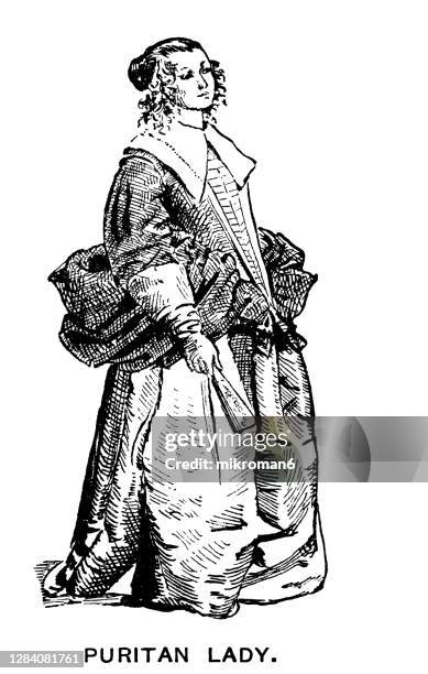 antique illustration of colonial costumes, puritan lady - war of independence ireland stock pictures, royalty-free photos & images