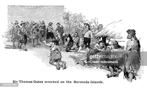 engraving illustration of sir thomas gates wrecked on the bermuda islands - thomas lee virginia colonist stock pictures, royalty-free photos & images