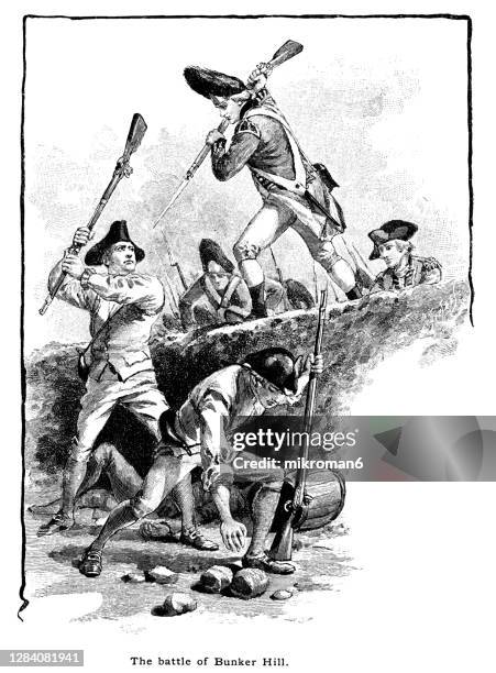 engraved illustration of the battle of bunker hill, 1775. - civil war stockfoto's en -beelden