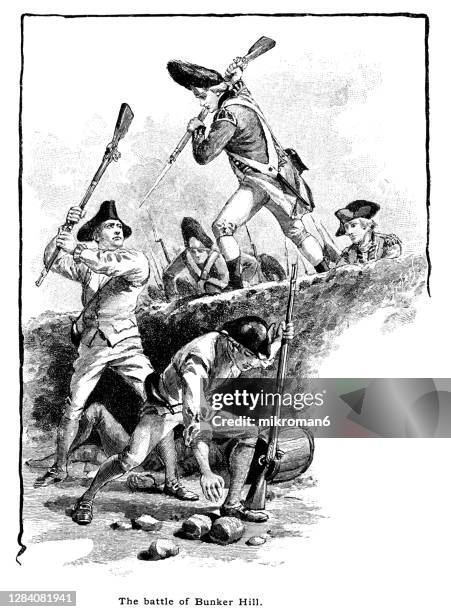 engraved illustration of the battle of bunker hill, 1775. - american civil war soldiers stock pictures, royalty-free photos & images
