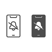 Silent mode on smartphone line and solid icon, smartphone review concept, no bell on mobile sign on white background, turn off phone ringer icon in outline style for mobile concept. Vector graphics.