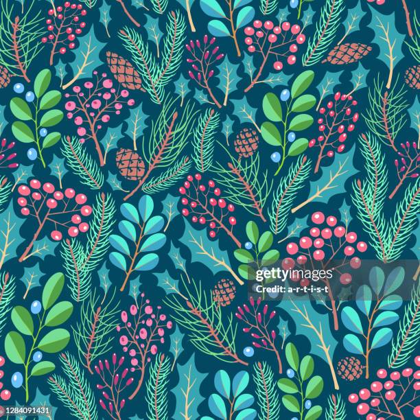 blumenmuster mit kiefernzweigen, zapfen, holly - winter stock-grafiken, -clipart, -cartoons und -symbole