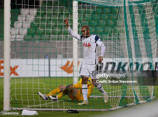 Lucas Moura of Tottenham Hotspur celebrates after he scores his sides second goal during the UEFA Europa League Group J stage match between PFC...