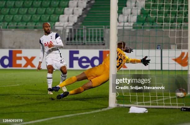 Lucas Moura of Tottenham Hotspur scores his team's second goal during the UEFA Europa League Group J stage match between PFC Ludogorets Razgrad and...